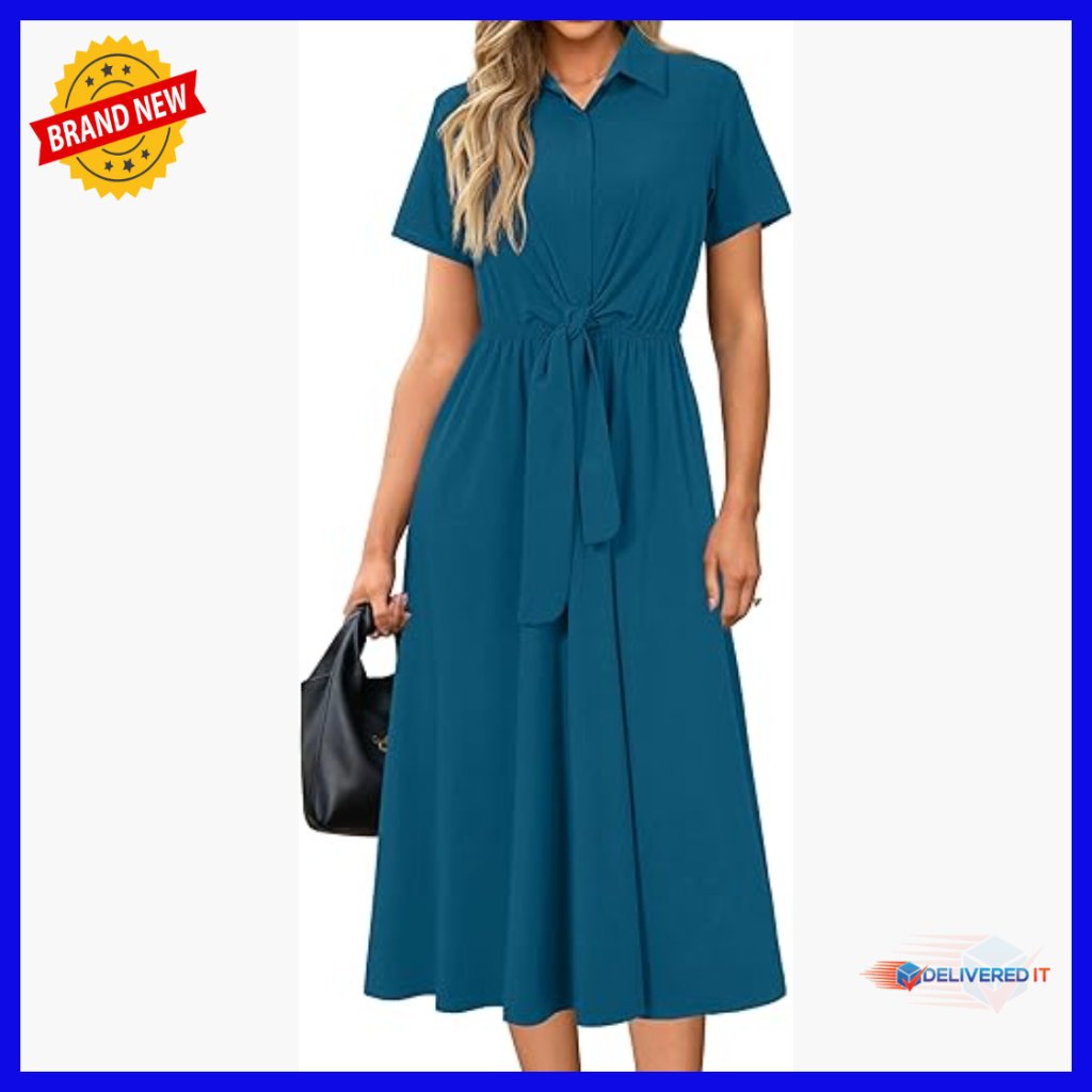 Maxi Shirt Dress With Tie Waist Pockets Work Office Business Casual